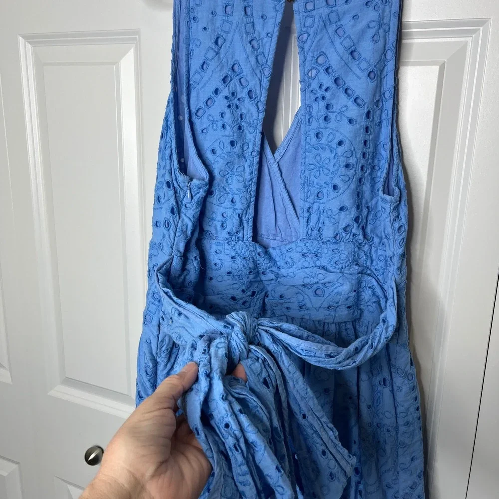 Maeve Anthropologie Blue Eyelet Midi Dress Size 12 Tie Waist Boho - Picture 11 of 15